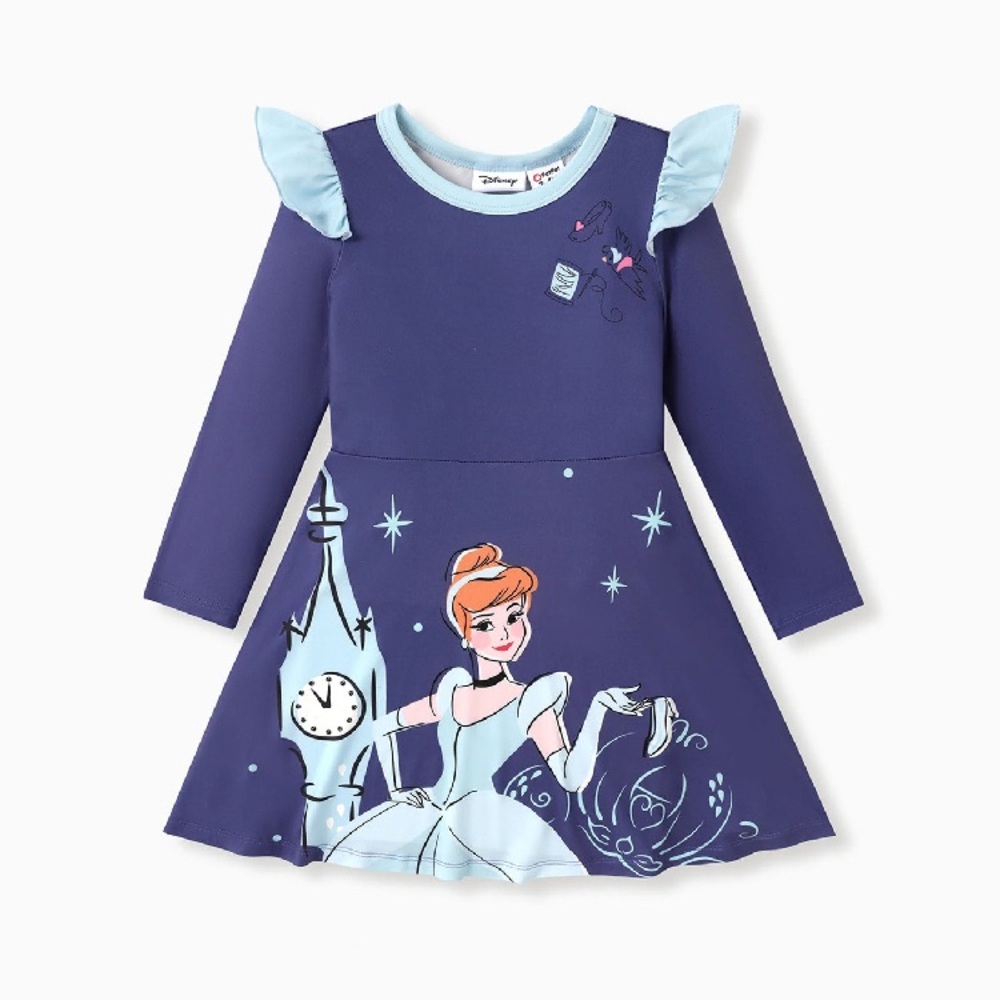 Disney Princess Toddler Girl Cinderella Print Ruffled Long Sleeve Dress Purple